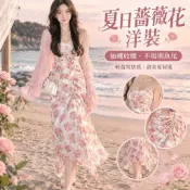 洋裝 抽繩吊帶洋裝 不規則魚尾洋裝 夏日薔薇花洋裝 花園印花洋裝 氣質雪紡洋裝 顯瘦收腰洋裝 女生度假洋裝 清新甜美洋裝