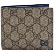【GUCCI 古馳】GUCCI 經典同色LOGO GG Supreme帆布牛皮襯裡摺疊零錢袋短夾(烏木色/藍色768244-FACQC-9751)