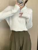 全球選品1館 生活百貨 美式高級感別緻加厚坑條拉鍊立領毛衣針織衫女春季寬鬆內搭上衣