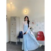 【甜美減齡】度假風吊帶連衣裙 吊帶連身裙 吊帶長裙 夏季洋裝 海邊長裙 連身裙 連身裙長裙 女 V領 顯瘦 大擺 長裙 