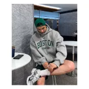 免運！BOSTON字母印花帽T 衛衣 寬鬆大學t 男長袖 帽t 男 oversize 早秋穿搭 韓版衣服 衛衣 日韓穿搭