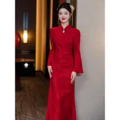 【夏天Summer】🔥新中式旗袍 改良旗袍敬酒服 秋冬新款旗袍 新娘結婚禮服 魚尾訂婚服 氣質紅色連衣裙 回門服新娘