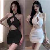 台灣現貨💋A21白色黑色交叉繞脖子挖胸爆乳露背鏤空露肚包臀洋裝婚禮生日派對性感主持尾牙春酒聖誕節情人節夜店韓版辣妹酒店