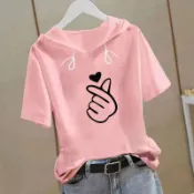 女裝短袖連帽上衣女韓版休閒女t恤帽t 女衣服夏季新款短袖連帽衫印花t恤加大尺碼連帽衛衣