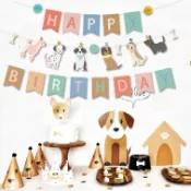 小狗爪子主題生日快樂橫幅背景彩色裝飾寵物寶寶狗生日派對用品