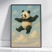 在天空中漂浮的開心熊貓夢幻童趣動物插畫藝術海報
