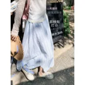 ⭐臺灣發貨⭐-A字半身裙 海邊渡假風藍色格子半身裙女春夏季高腰顯瘦休閒長款a字裙子百搭