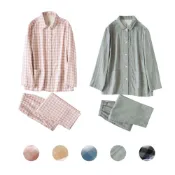 天際生活 【無側縫舒適】雙層紗睡衣 家居服套裝 情侶睡衣 日式睡衣 春夏薄款 格子小點設計 無印良品風 親膚透氣 寬鬆版型 居家休閒必備