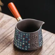 公道杯 陶瓷公道杯 分茶器 公杯 功夫茶具 茶海 茶具配件 旂木紫砂木柄公道杯日式複古側把分茶器茶漏過濾功夫茶具一體勻杯