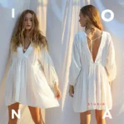 IONA 【現貨⚡️隔日到貨】 實拍波希米亞風長袖比基尼罩衫 V領露背渡假洋裝 防曬罩衫