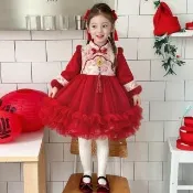 【橘魔法】酒紅牡丹花紋如意金鎖流蘇旗袍洋裝 厚款 童裝 女童 兒童 中國風 過年 唐裝 新衣 拜年服 連紗裙
