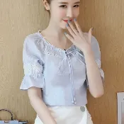 襯衫 蕾絲襯衫藏肉顯瘦蕾絲條紋荷葉袖襯衫  028214