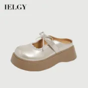 IELGY 一腳單鞋女包頭厚底蝴蝶結繫帶平底鞋