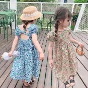 【橘魔法】女孩露背碎花公主袖小洋裝 女童 童裝 兒童 連衣裙 連身裙 短袖洋裝