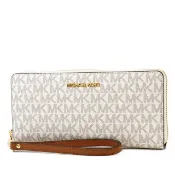 【HOTAI購】【Michael Kors】金字緹花LOGO防刮皮革多卡層手掛式拉鍊長夾-香草白