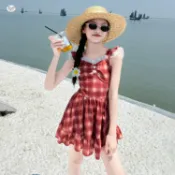 【台灣出貨】免運女童夏裝泳衣2025新款花邊格子大裙擺泳裝中大童甜美連體泳裙兒童