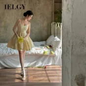 IELGY 法式黃色吊帶洋裝小個子海邊度假氣質蓬蓬短裙