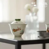 【鵲旗】貓趣文創陶瓷蓋碗 主人杯 聞香杯 功夫茶具 茶碗 白瓷 高風 輕奢復古