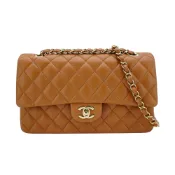 Chanel Coco 雙C菱格羊皮金鍊翻蓋斜背包-25cm(A01112-焦糖棕)