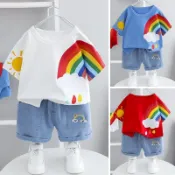 【貝貝】男童夏裝套裝兒童夏天兒童洋氣嬰兒衣服1-5歲彩虹短袖兩件套夏