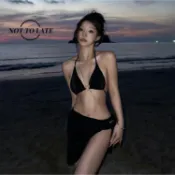還不晚 韓國鏈條泳衣女 比基尼三件套 顯瘦聚攏 吊帶泳裝 簡約素色泳衣 游泳泡溫泉 海邊渡假