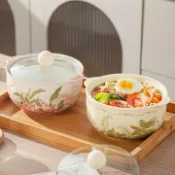 喜挖2店 學生宿舍可愛泡麵碗帶蓋雙耳螺螄粉家用飯碗泡麵碗防燙陶瓷碗