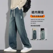 (店+)牛仔褲男寬鬆保暖水洗休閒彈性防風防水大尺碼男生刷毛褲運動長褲牛仔長褲加絨闊腿加厚發熱復古直筒秋冬季美式禦寒男款彈力彎刀牛仔褲男裝登山褲雪褲棉褲