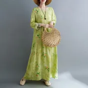 【復古碎花】棉麻長裙 度假洋裝 遮肉顯瘦 圓領連身裙 亞麻連身裙 旅遊穿搭 海邊長裙 早秋新款 花色長裙 渡假洋裝