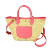 【LONGCHAMP】LONGCHAMP Le Pliage壓印LOGO草編紋帆布拼牛皮按扣式手提/斜背籃子包(迷你/腮紅粉紅)