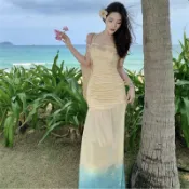 漸變色法式花朵吊帶連身裙女 夏季褶皺修身魚尾裙子設計感包臀長洋裝
