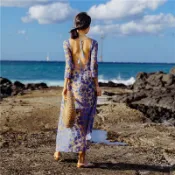 洋裝長袖連身裙-露背綁帶網紗刺繡女連衣裙73ye23【獨家進口】【米蘭精品】
