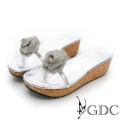 GDC-迷人薔薇花楔型涼拖鞋-銀