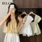 IELGY甜美方領短襯衫女雪紡小眾上衣