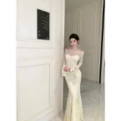 💫小宇宙Studio💫實拍 辣妹一字肩喇叭袖連衣裙魚尾裙