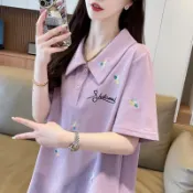 Polo衫短袖t恤女夏季薄款寬松大碼女裝正肩遮肉顯瘦刺繡休閑上衣#Hi, 享樂百貨#