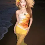 喜挖2店 性感辣妹套裝女2025夏季海邊度假風泳衣印花平口網紗魚尾裙三件套