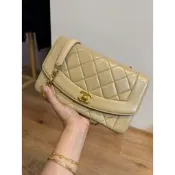 CHANEL VINTAGE 經典 diana 黛安娜 米色 奶茶色 羊皮金釦 戴妃包 黛妃包 斜背包 肩背包 手提包