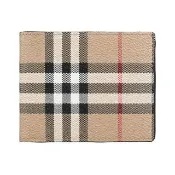 【BURBERRY 巴寶莉】BURBERRY Vintage 燙印LOGO格紋PVC搭小牛皮內襯6卡對折短夾(米)