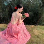 NEINEI法式粉色高級性感露背吊帶洋裝 女夏季仙氣質海邊度假公主長裙子大尺碼