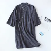 日系春夏薄款紗布男士和服睡袍全棉豎條紋汗蒸桑拿服開衫 流行居家服