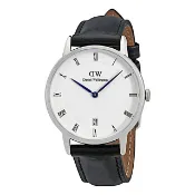 Daniel Wellington 【DW 】Dapper時尚黑色皮革腕錶-銀框/34mm
