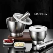 Mocha♡304不鏽鋼杵臼♡加厚加重 不鏽鋼搗碎器 研磨缽 研缽 研磨棒 搗蒜 搗碎壓泥 搗碎器 防濺蓋 多尺寸杵臼