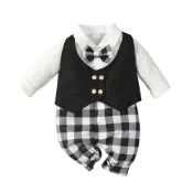 (店+)【雪倫小舖】寶寶西裝 滿月禮服 包屁衣套裝 收涎禮服 黑白方格包屁衣 男寶禮服 嬰兒禮服 西裝連身衣
