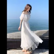 海島洋裝 海邊洋裝 美背洋裝 多巴胺洋裝 渡假洋裝 泰國洋裝 夏季洋裝 4種穿法2層雪紡長裙白色荷葉邊連衣裙沙灘裙一字肩