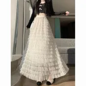 【高腰顯瘦】網紗波點蛋糕裙 女 春夏 大裙擺 蕾絲拼接 半身裙 長款 a字 紗裙 蛋糕裙 波點裙 蕾絲裙 顯瘦裙