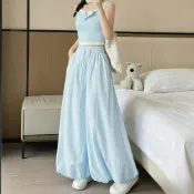 (店+)Alyssa 艾麗莎【現貨】蓬蓬花苞 涼感褲裙 女生寬褲 顯瘦燈籠 闊腿褲 休閒九分 長褲【JK121】