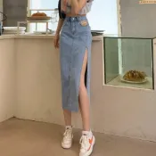 (店+)【D.studio】台灣發貨韓版高腰側開叉牛仔裙 裙子 褲裙 長裙 女裝P154