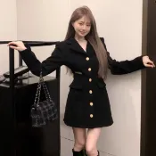 洋裝 INS法式v領小香風黑色長袖洋裝鏤空露背短裙洋裝辣妹收腰顯瘦洋裝大碼女裝 10945