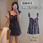 現貨 連身裙式泳衣 碎花高腰遮肚 顯瘦保守連體泳裝 綁帶蝴蝶結 溫泉海邊渡假 2310 118