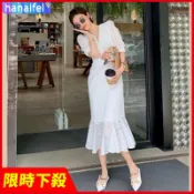 初戀白色洋裝 女神範洋裝 復古v領洋裝 氣質洋裝 長款洋裝 泡泡袖裙子 仙女洋裝 魚尾洋裝 收腰顯瘦洋裝